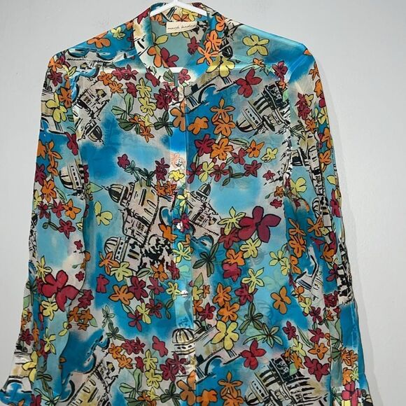 Marsh Landing Long Sleeve Silk Tunic Shirt Artsy Colorful Abstract Coastal - Picture 1 of 9